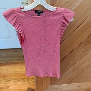 J. crew women’s red and white stretch top with ruffled sleeves, size XS.